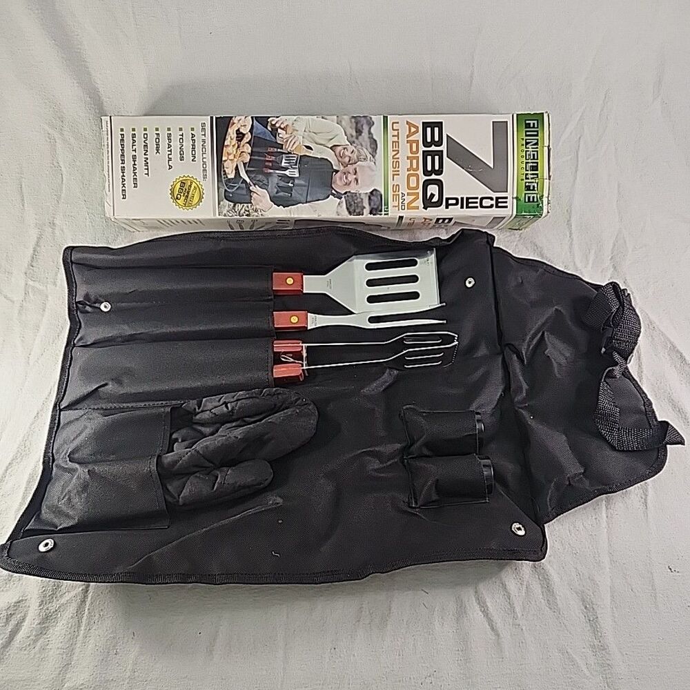 Grill Set 7 Piece BBQ Tools Utensil Apron Mitt Salt & Pepper FineLife Barbecue